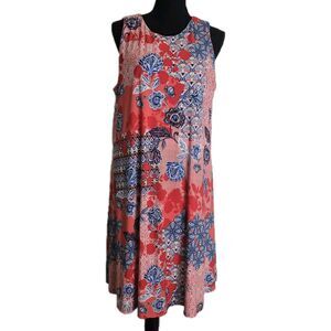 AK Midi Shift Dress Size XL Red Blue Geometric Floral Keyhole Sleeveless